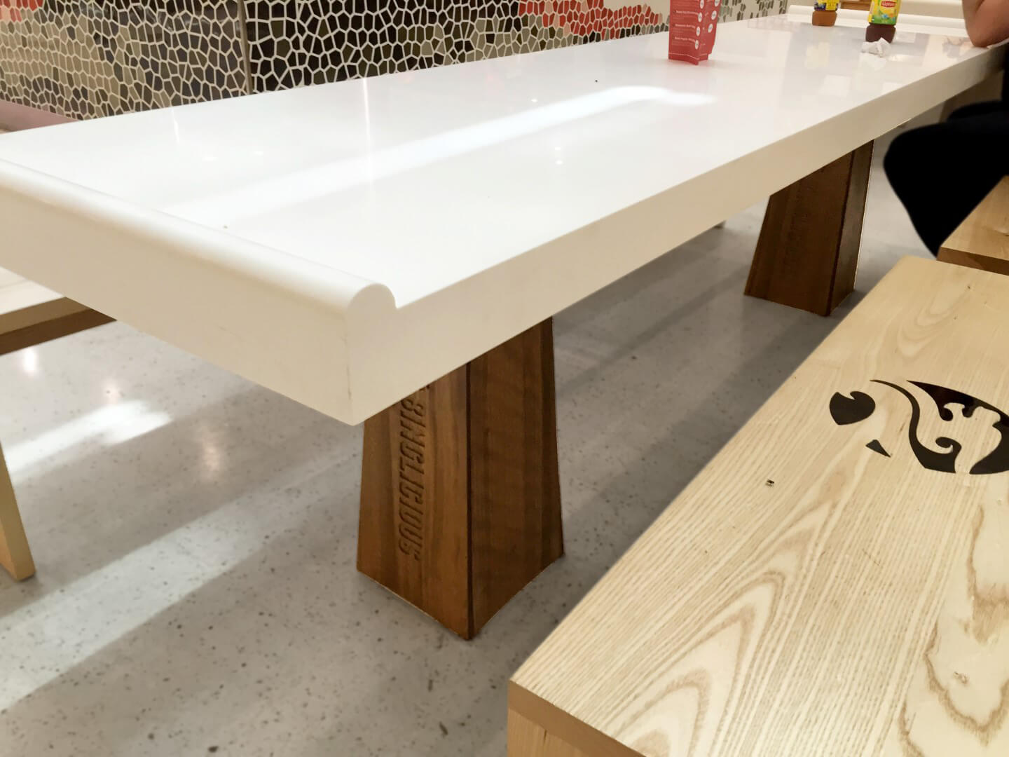 Wood and marble sitting.