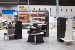 Products on round table and cupboard